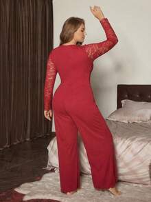 Slumberist Plus Size Women Lace Round Neck Top And Flare Pants Pajama Set - Burgundy - View 2