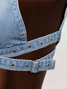 Slaydiva Women's Fashionable Street-Style Washed Eyelet Button-Up Denim Blouse, Summer - Blue - View 6