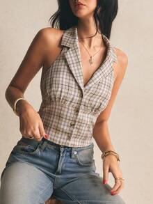 Poéselle Women's Plaid Halter Backless Single-Breasted Casual Versatile Blouse For Dates & Outings Affordable Tops For Women Bussines Casual Tops Business Casual Women Tops - Khaki - View 7