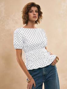 Poéselle Áo thun ngắn tay cổ tròn in họa tiết chấm bi, thắt eo. - trắng - Xem 3