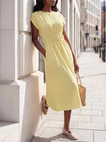 Editum Women's Pale Yellow Summer Casual Brunch Dress,Ruched Waist Flared Solid Color Elegant French Style Retro Country Work Outfits For Wedding Guest - Yellow - View 5