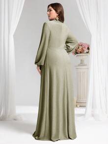 Coutiva Plus Size Solid Color Minimalist Long Sleeve Evening Gown (Embellished) - Army Green - View 2