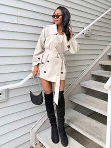 Natali Santanap 女士时尚优雅双排扣束带风衣法式风衣女装风衣秋冬女装风衣 - 灰色 - 查看 3