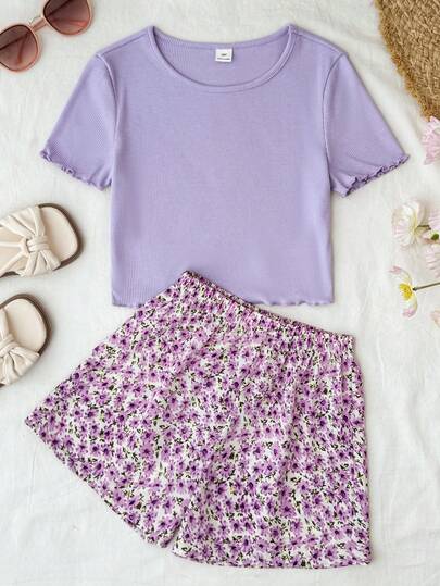 Tween Girls Purple Ditsy Floral Casual Vacation Round Neck Short Sleeve Ribbed T-Shirt And Floral Pattern Shorts 2-Piece Set, Suitable For Daily Wear And Beach Holiday,Kids