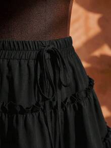 SHEIN CURVE+ Curve 尺码 US22 音乐节、海滨度假、波西米亚风女士双层弹力腰黑色短裙 - 黑色 - 查看 4