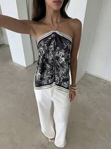 Aloruh Blusa de mujer elegante con cuello de halter, estampado de tinte anudado y gasa para playa y vacaciones - Negro - Ver 7