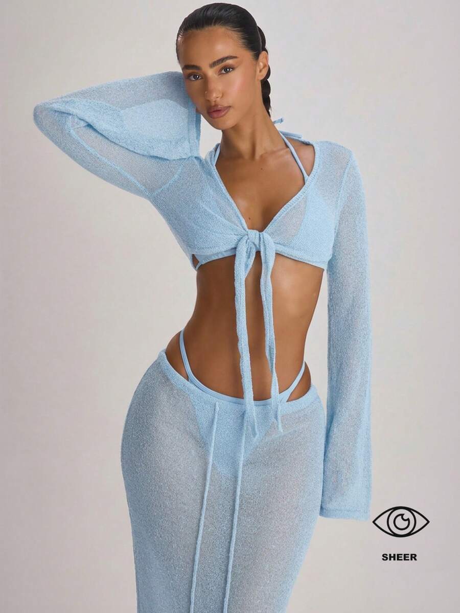 Musera Resort 针织喇叭袖系带短款罩衫泳装度假夏季旅行沙滩装基础款纯色度假风 - 淺藍色 - 查看 1