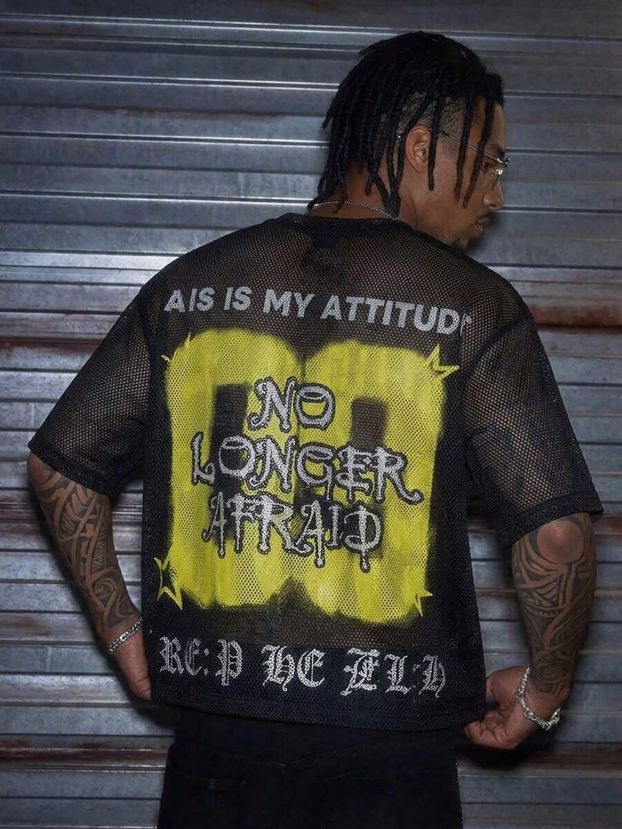 AXEPEAK 男士休闲撞色字母印花圆领短袖T恤，夏季 - 黑色 - 查看 1