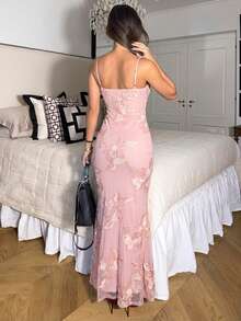 Ronhire 3D立体花卉性感紧身吊带裙派对装 - 珊瑚粉 - 查看 2