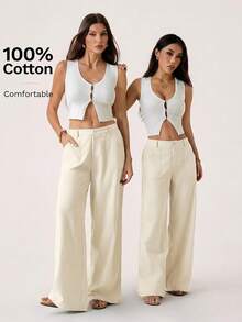 SHEIN PETITE 100% 水洗棉低腰直筒裤 - 杏色 - 查看 8