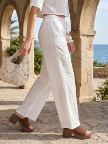 CielaLinda Women Embroidered Pants White Trousers With Metal Decor - White - View 3