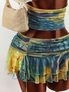 Amplova 2pcs/Set Halter Neck Crop Top & Low Waist Ruffle Hem Mini Skirt, Sexy Avant-Garde Boho Style Backless Details, Suitable For Holiday - Multicolor - View 13