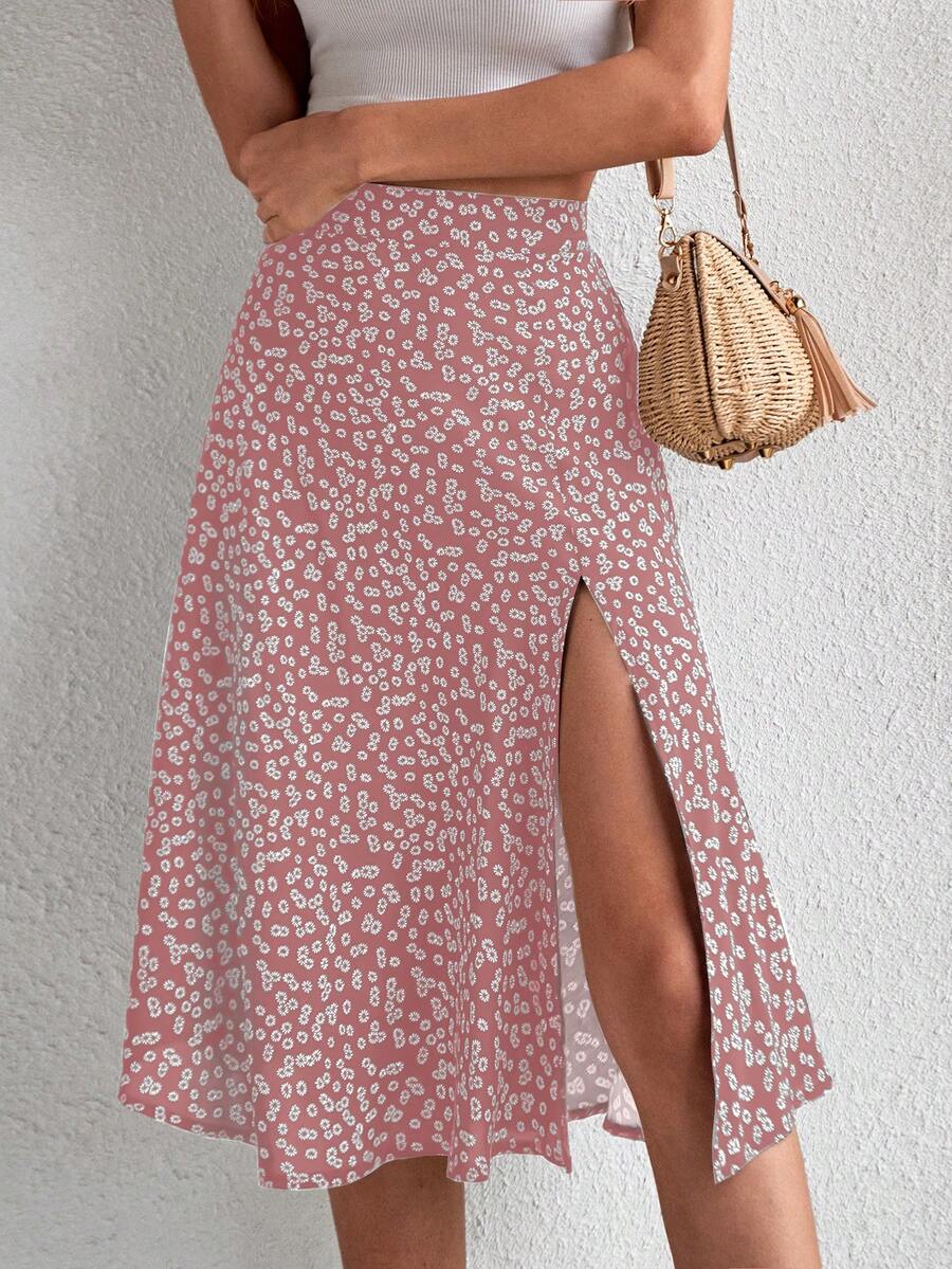 Breezaya 碎花开衩高筒裙度假沙滩装女装 - 藕粉色 - 查看 1