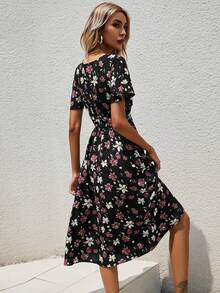 SHEIN Clasi 荷叶袖系带连衣裙长款女装 - 黑色 - 查看 2