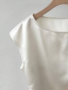 Lyxana Spring/Summer New Round Neck Dropped Shoulder Sleeveless Side Zipper Asymmetric Hem Fashionable Elegant Casual Women Blouse - Apricot - View 4