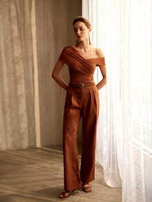 MOTF PREMIUM 高腰直筒休闲简约西装裤 - 棕色 - 查看 5