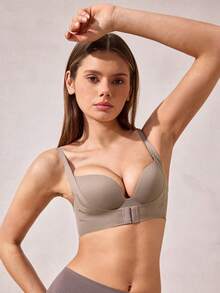 棕色前扣无钢圈加垫聚拢文胸，适合平胸女性 - 棕色 - 查看 3