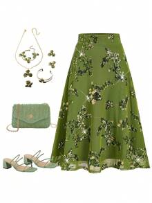 Ellevyn Women's Sequin Floral Pattern Casual Versatile Date Night Skirt - Dark Green - View 1