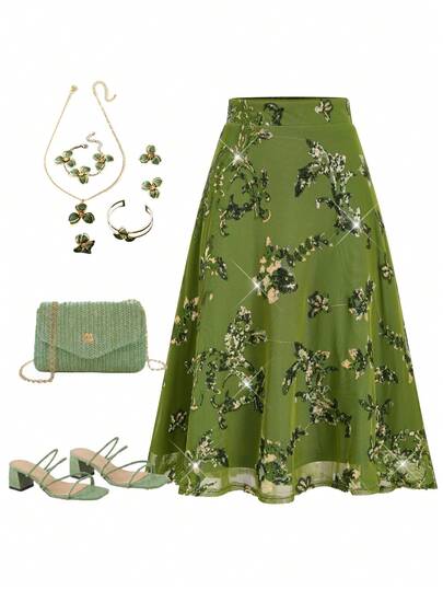 Ellevyn Women's Sequin Floral Pattern Casual Versatile Date Night Skirt