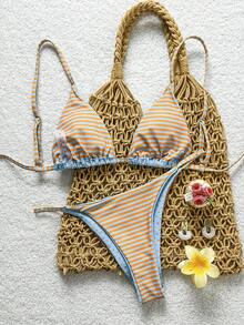 Swim Mod 女士两件式双面条纹波点印花休闲泳衣套装，女士泳装，女士两件式比基尼套装，女士比基尼，女士沙滩装，女士泳装套装 - 淺藍色 - 查看 2