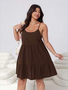 Solflare 大码女式纯色荷叶边无袖连衣裙，春夏款 - 巧克力棕 - 查看 4