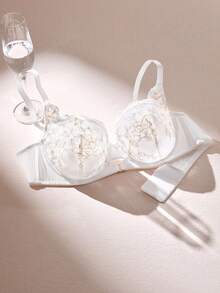 LUVLETTE 女士内衣 聚拢透气钢圈性感无衬里刺绣蕾丝白色婚纱新娘文胸 网纱蕾丝文胸 - 金色 - 查看 10