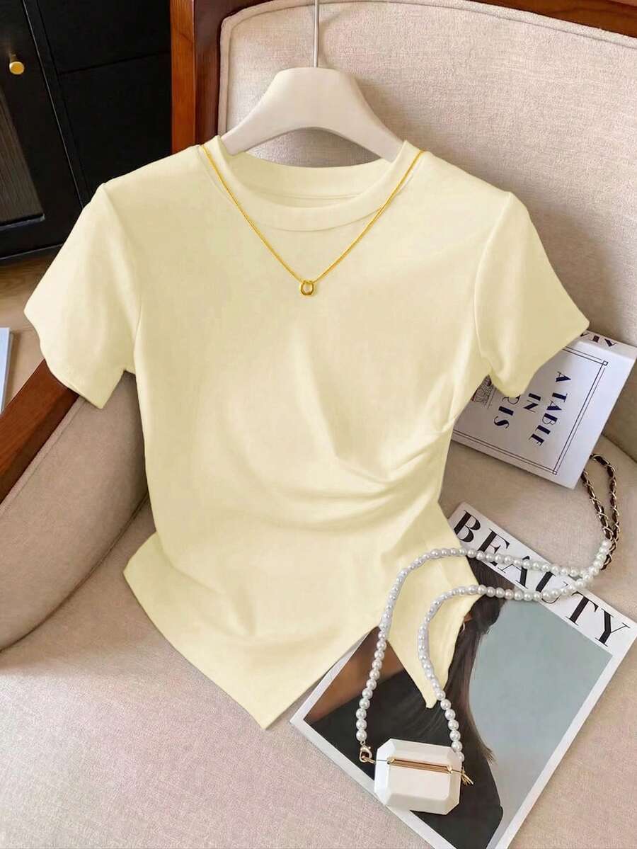 GlowEve 女士圆领纯色不规则下摆休闲百搭日常短袖T恤 - 杏色 - 查看 1