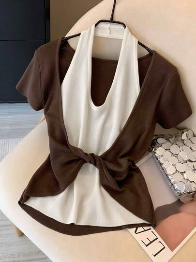 GlowEve Top tricoté d'été pour femmes, style col ras-du-cou 2 en 1, t-shirt à manches courtes avec torsion devant ample et couleurs contrastées