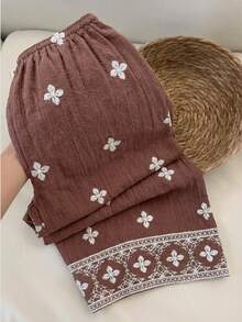 SHEIN EZwear Quần dài nữ màu cà phê kiểu Bohemian, in hoa, dệt kim, có dây rút ở eo. - Cà phê nâu - Xem 12