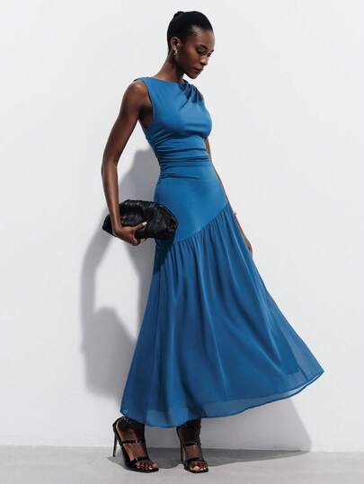 Aveloria Modichic Long Maxi Dress High Elastic Knit Fabric With Tulle Splicing Slim Fit Ruched Shoulder And Waist Design Asymmetrical Sheer Hem Elegant Modern Minimalist Blue Elegant Dresses For Women Wedding Guest Dress For Women Elegant Party Dresses For Women Blue Dresses For Women