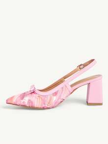 CUCCOO CHICEST Tie Dye Pink Mesh Bow Pointed Toe Chunky Heel Mule Pumps For Women - Pink - View 5