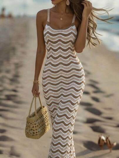Breezaya 新款波浪条纹吊带针织撞色长裙，镂空针织，波西米亚风沙滩度假派对装