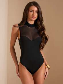 SHEIN BAE Áo liền thân không tay cổ cao màu đen xuyên thấu, áo liền thân màu đen thanh lịch, đồ bơi - màu đen - Xem 1