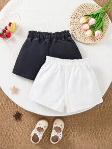 SHEIN 2件裝青少年女孩時尚休閒Y2K復古酷街頭夏季黑白條紋修身牛仔短褲日常穿搭電音節街頭風服飾 - 彩色 - 查看 2