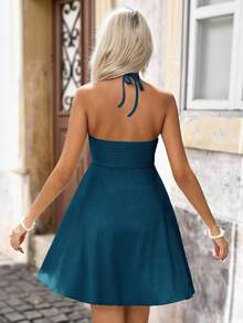 Brillora Vestido mini con cuello halter de punto de unicolor y volante en el bajo para mujeres - Agua verde azul - Ver 2