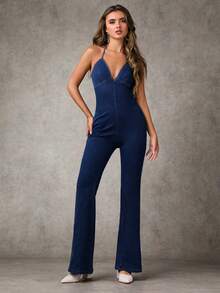 SHEIN BAE Women's Solid Color Spaghetti Strap Fitted Fashionable Denim Jumpsuit For Summer Going Out Night Out Dark Blue Sexy - Dark Wash - View 6