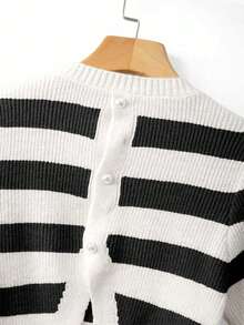 Franclia Women's Elegant Outdoor Outfit, Round Neck Striped Tie-Up Hollow-Out Knit Top, Early Spring - Black - View 6