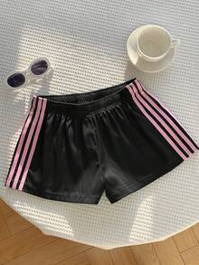 Comfortcana Quần short nữ màu đen dệt sọc, cạp chun, dáng rộng, ống rộng. - màu đen - Xem 6