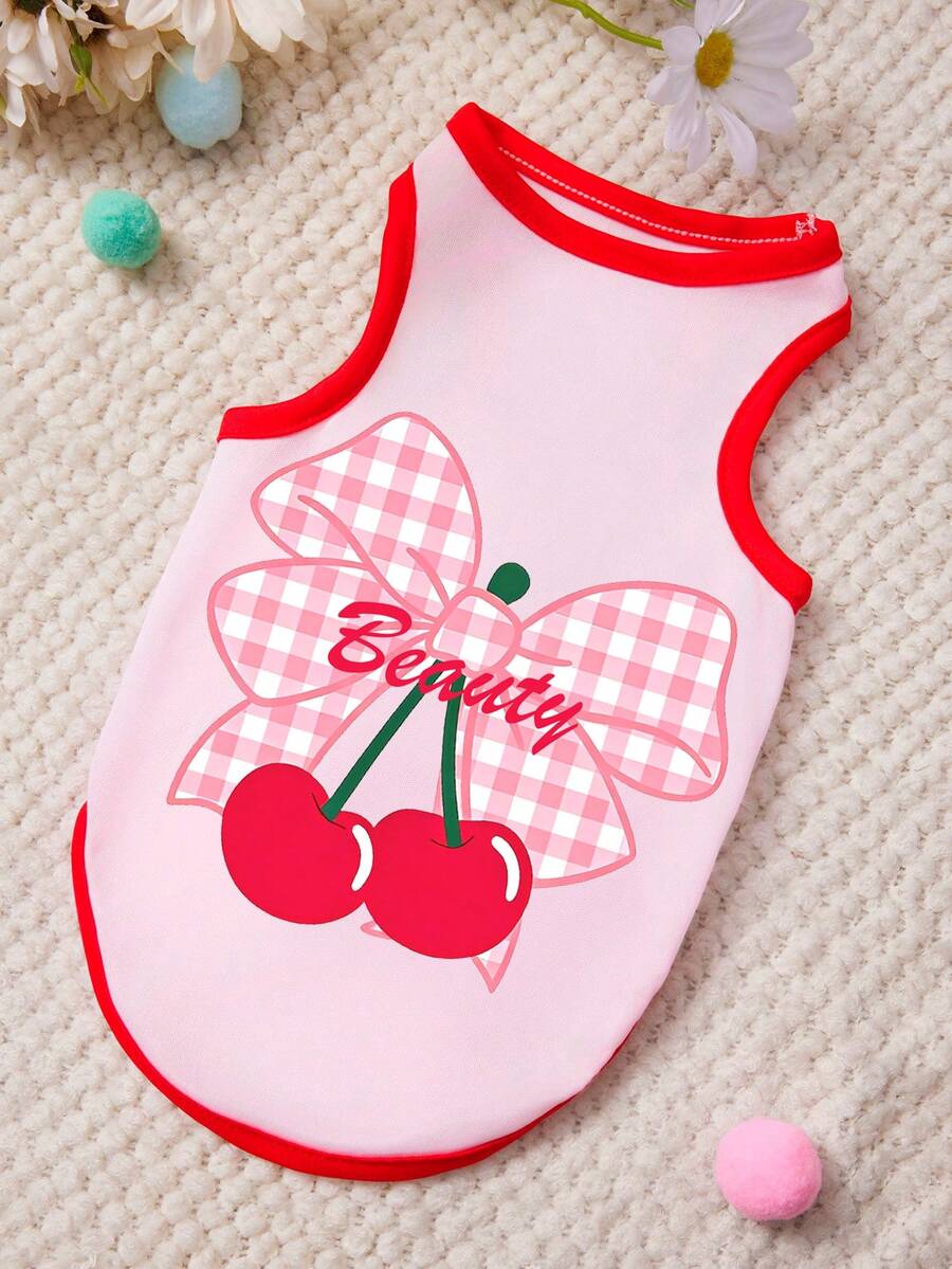 PETSIN Áo tank top cho thú cưng in hình hoa anh đào và nơ màu hồng, chất liệu mềm mại, thoáng khí, màu đỏ hồng. - Nhiều màu - Xem 1