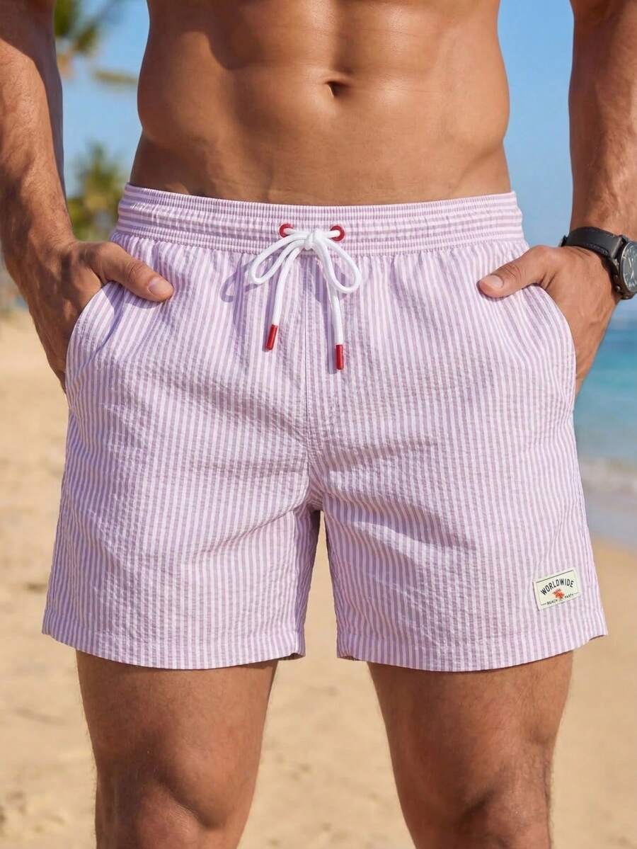 VIVINTIMO 男士休闲条纹印花沙滩短裤 - 杏色 - 查看 1