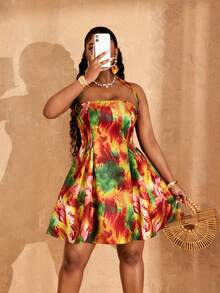 Lunelith SHEIN Lunessa Tropical Vacation Tie Neck A-Line Short Dress - Multicolor - View 1