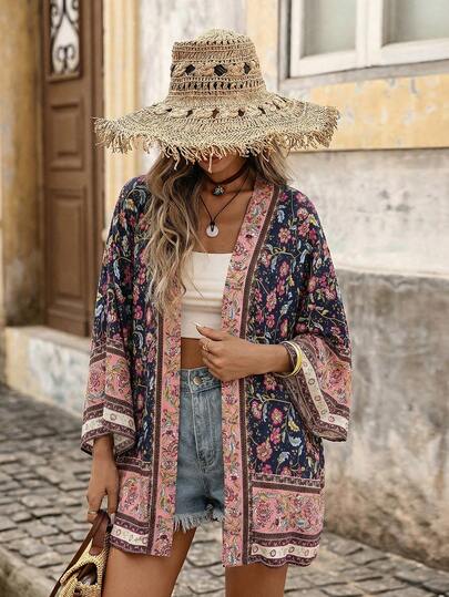 Brillora Women's Retro Printed Long Sleeve Kimono Cover Ups For Swimwear