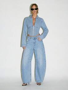 KIZN Chaqueta vaquera con cremallera frontal corta, cuello y mangas largas para capas casuales - Gris Oscuro - Ver 3