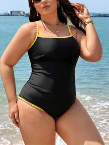 Swim Lushoire 2026 Plus Size Women's One-Piece Swimwear, Neon Color Tummy Control Swimdress, 2 Pieces Swimwear Set - Black - View 4