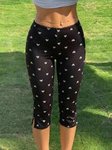 SHEIN EZwear Quần legging nữ ôm sát 7/8, nền đen, thắt nơ. - Đen và trắng - Xem 6