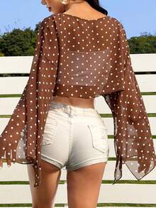 SHEIN EZwear Khaki Chiffon Polka Dot Women's Round Neck Slit Sleeve Cropped Shirt - Coffee Brown - View 2