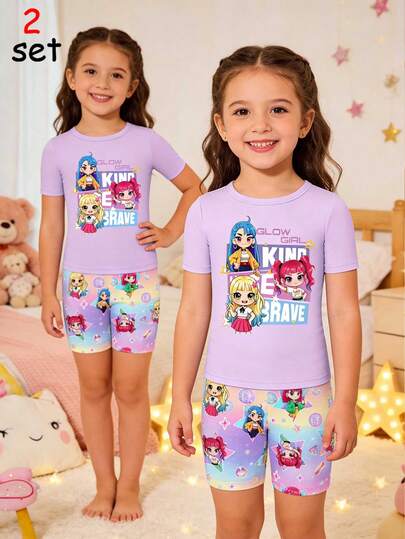 女童两件套睡衣，紧身针织圆领短袖上衣和短裤，女童团体图案印花