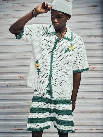 Modcrash Men's Knit Set: Short Sleeve Top And Shorts, Fashionable For Summer Summer Two Pieces Set For Men, Fall Clothes , Retro American, Unisex, Relaxed Fit Summer Outfits – Suitable For Everyday Wear And Summer Holiday Outfits.