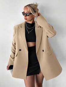 Ritzy Row Women's Casual Oversized Padded Shoulder Mid-Length Double-Breasted Blazer - Camel - View 5