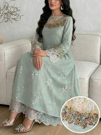 Al Najma رمضان فستان حفلة أنيق رومانسي جديد مزين بتطريز الدانتيل الراقي والأنيق